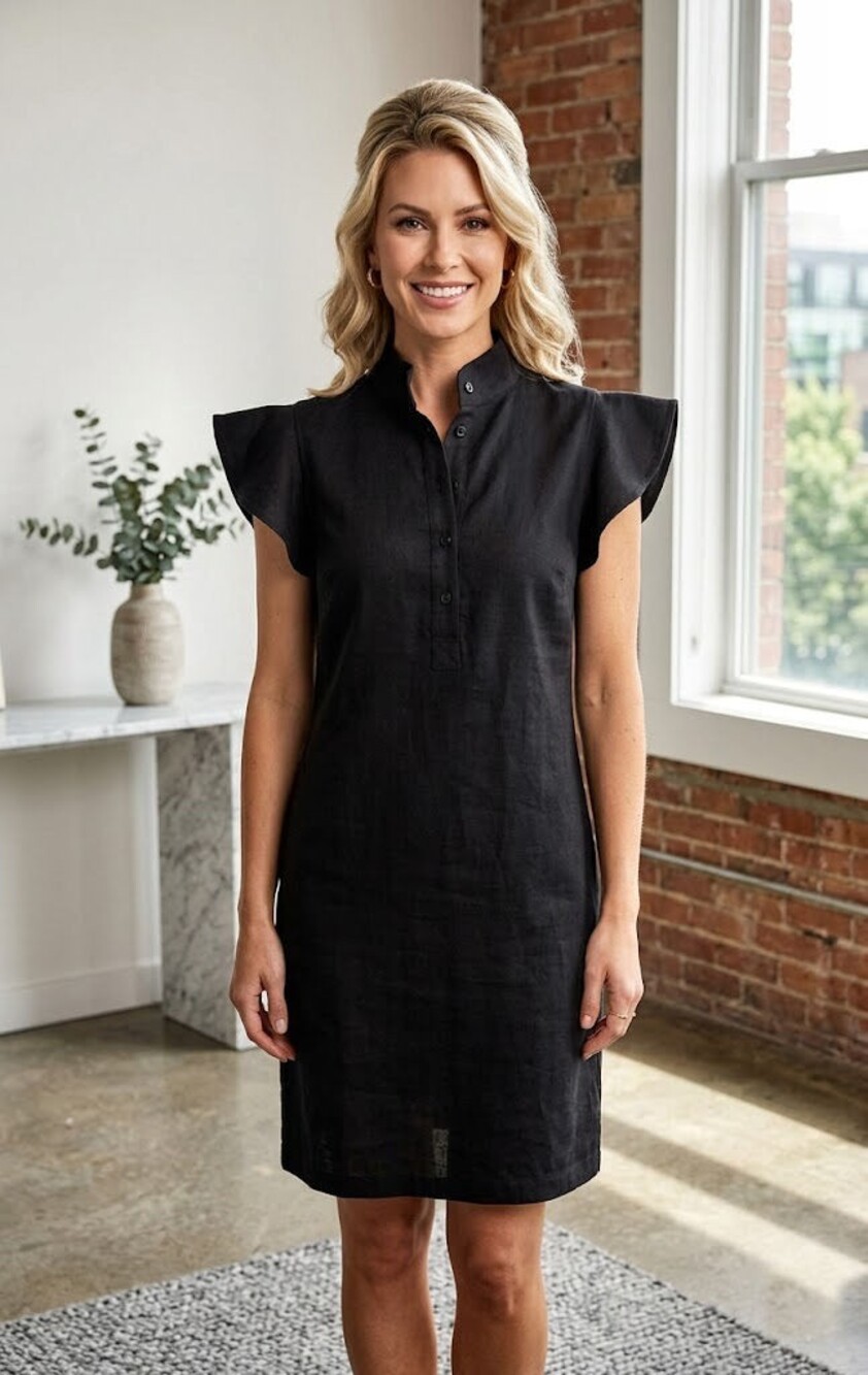 McGuire Linen Cotton Asymmetrical Ruffle Shift Mini Dress, Black, Womens Size XS